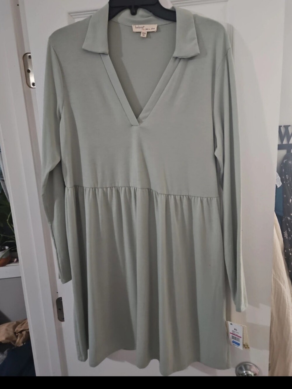 Light Sage V-Neck Long Sleeve Babydoll Dress - Size XL